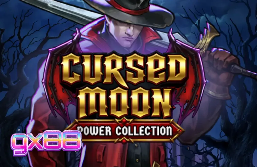 Tampilan antarmuka seluler slot Cursed Moon Power Collection dengan latar belakang hutan gelap dan pemburu merah.